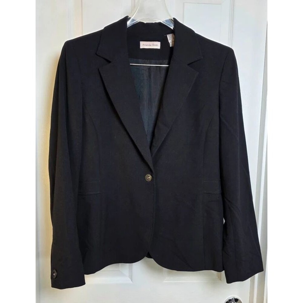 Vintage Amanda Smith Black Single-Button Stretch Blazer Size 12 Back Belt Detail